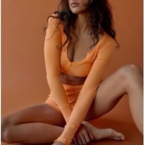 Out from Under Sweet Dreams Fitted Top - Lt Orange Long Sleeve V-Neck Crop Top